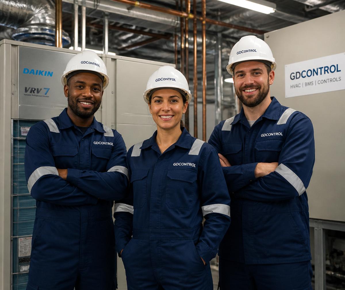 Equipe técnica GDControl uniformizada com logo no capacete e no uniforme